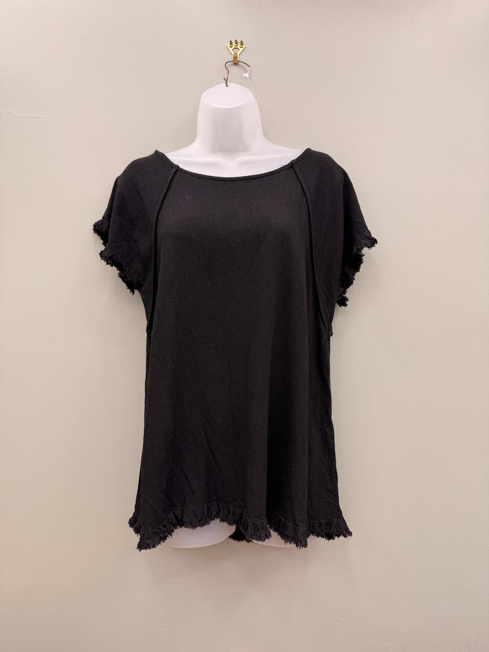 Umgee Black Linen Cotton Top S Fringe Ruffle Sleeve Boho Relaxed Blouse